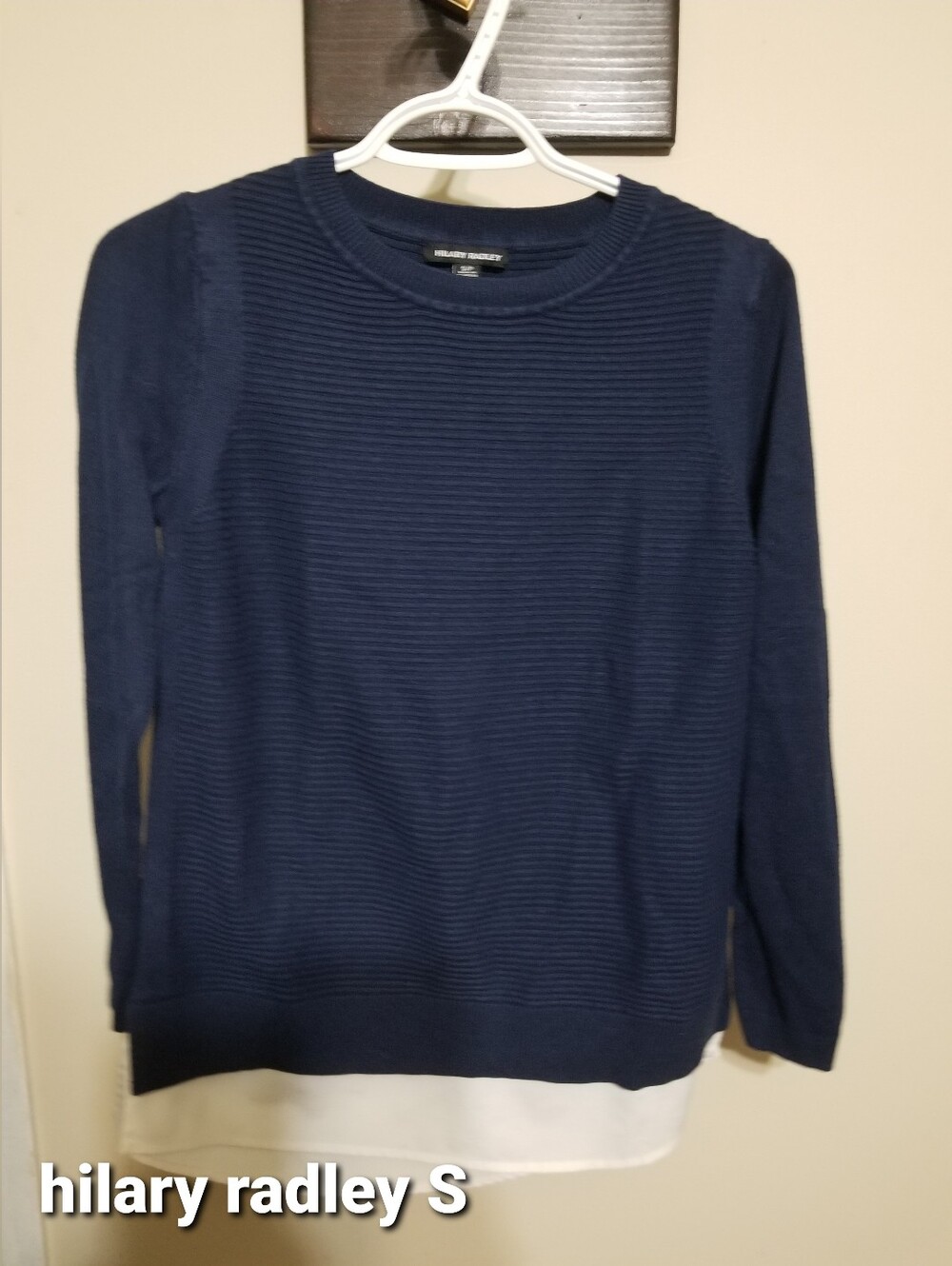 Hilary Radley sweater, shirt tails, Navy White, Small, Preppy Mid weight